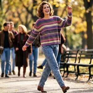 Vintage Koret Petite Large Striped Knit Sweater Pink Purple Olive Y2K Preppy